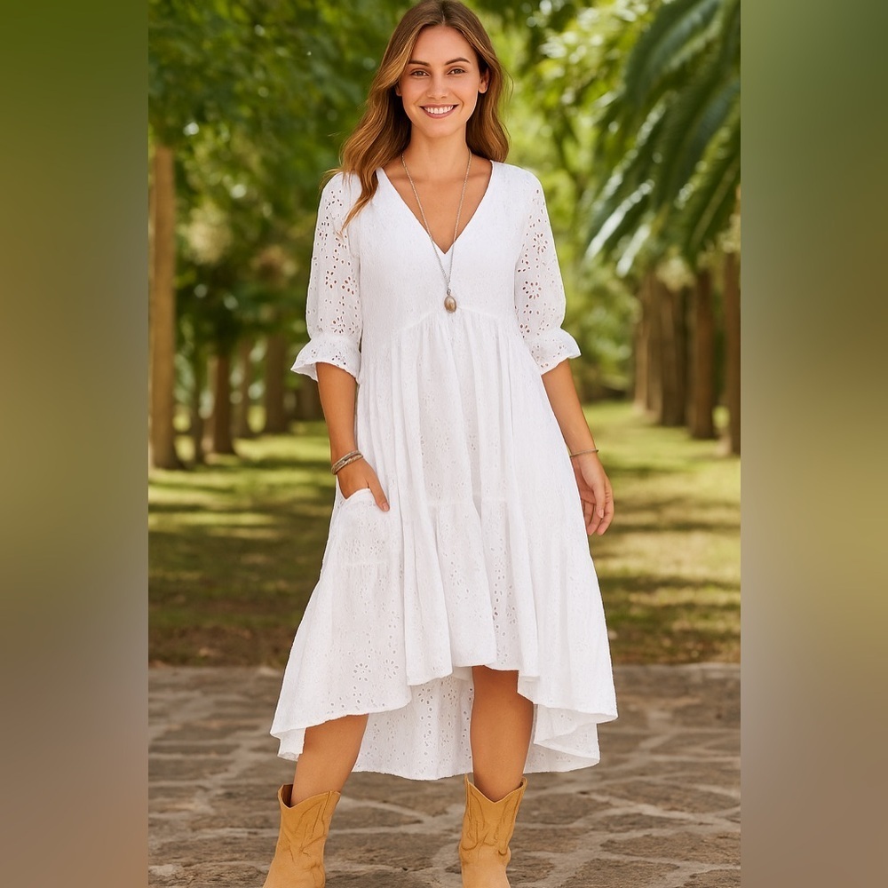 Sundance Jasmine 100% Cotton Elegant Midi White Eyelet Dress